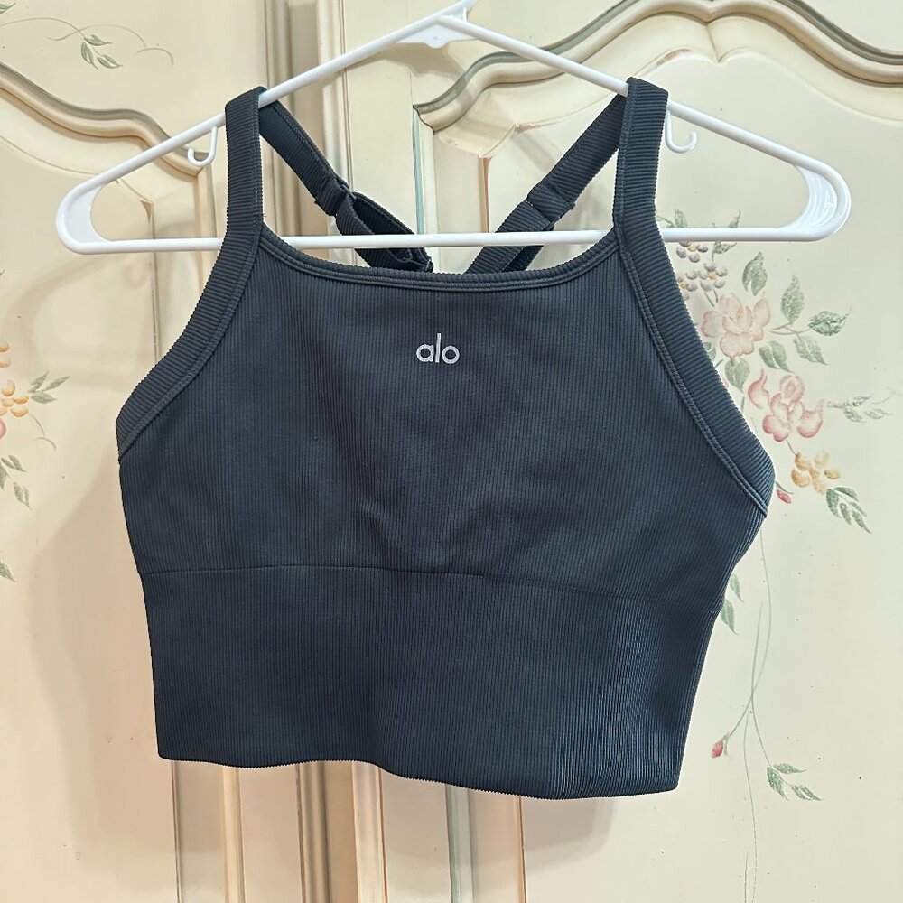 Alo Seamless Ribbed Favorite Bra Tank Small — Charcoal Green